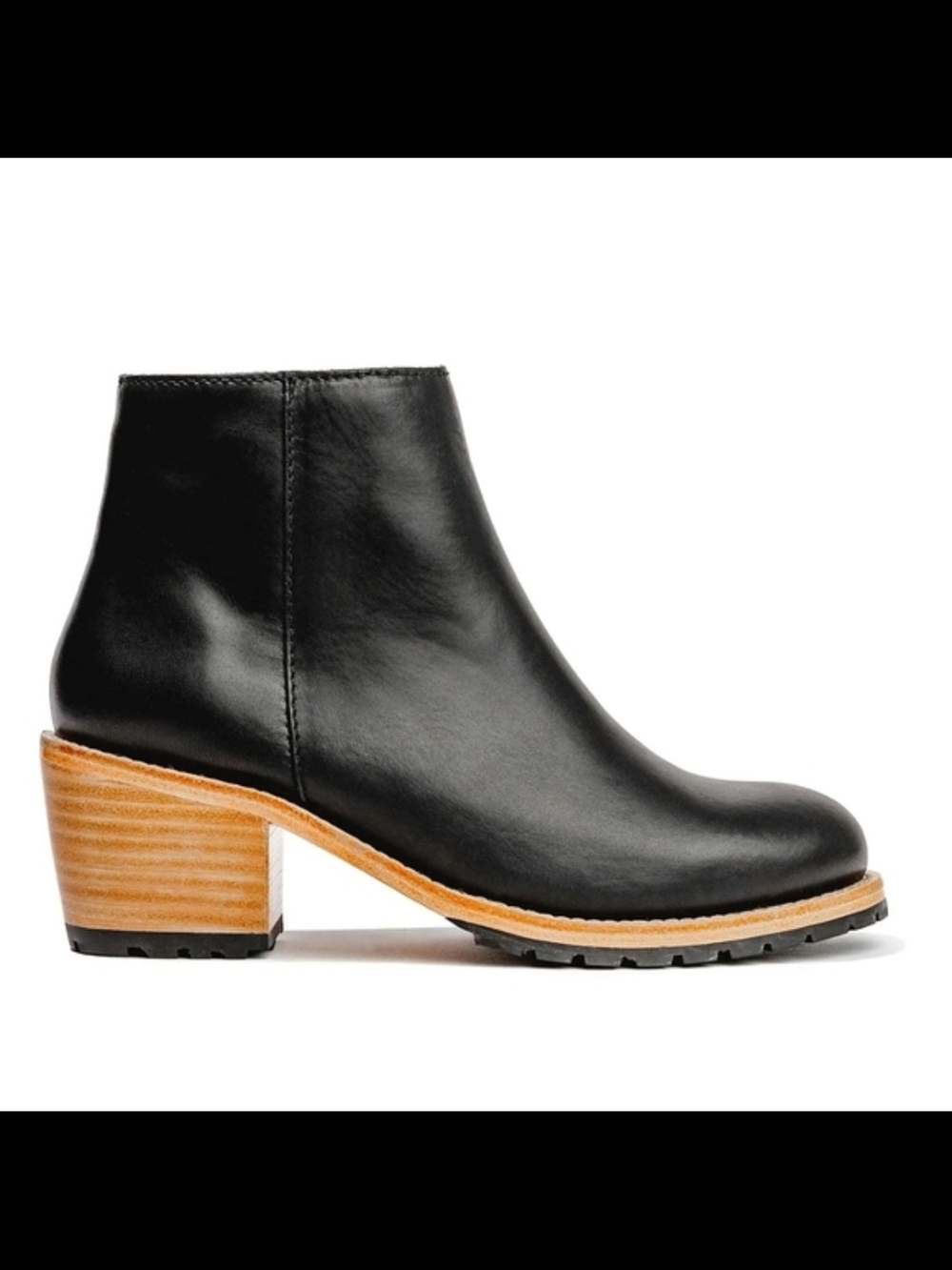 Black Leather Block Heel Ankle Boot